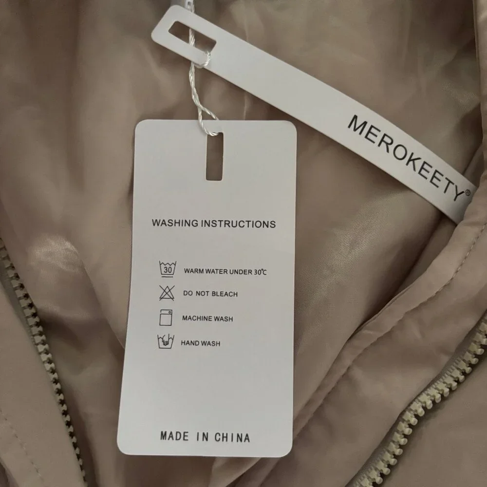 MEROKEETY Womens Winter Long Sleeve Zip Puffer Baggy Short Down Coat S Beige NWT